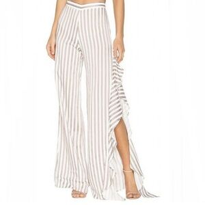 Alexis - Pinkish Red Ivory Mahalia Stripped Slit Wide-Leg ruffled pant
